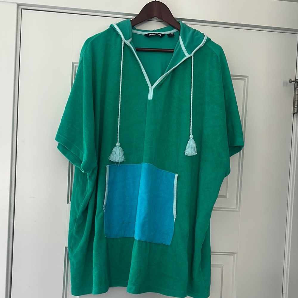 Vibrant Teal Hooded Poncho with Blue Pocket